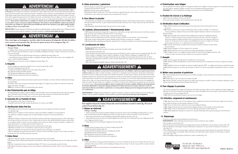Adavertissement, Advertencia, Boquilla 3. filtro | Verificación antes del uso 7. cómo llenar, Cómo presurizar y pulverizar, Para liberar la presión, Cuidado, almacenamiento y mantenimiento soins, Boyau au réservoir, Buse 3. filtre, Vérification avant l’utilisation 7. remplir | Chapin 7207947 User Manual | Page 2 / 2