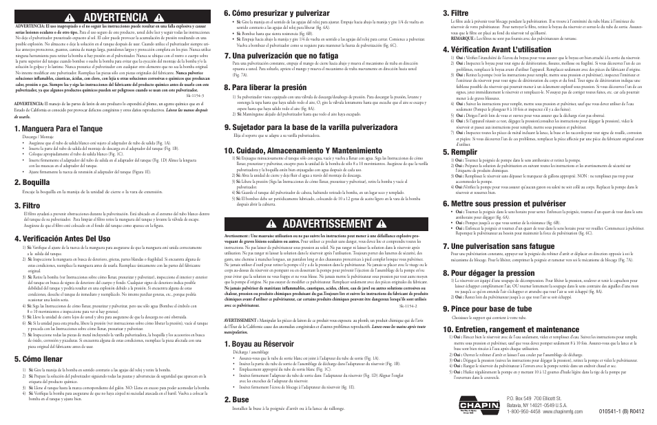 Advertencia, Adavertissement, Verificación antes del uso | Para liberar la presión, Cuidado, almacenamiento y mantenimiento, Mettre sous pression et pulvériser, Pour dégager la pression, Entretien, rangement et maintenance, Filtro, Filtre | Chapin 22350XP User Manual | Page 2 / 2