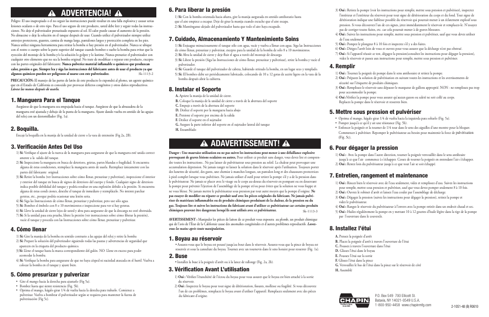 Adavertissement, Advertencia, Cómo llenar | Boyau au réservoir 2. buse, Vérification avant l’utilisation 4. remplir, Para liberar la presión, Pour dégager la pression, Instalar el soporte 8. installez l’étui, Manguera para el tanque, Boquilla | Chapin 1449 User Manual | Page 2 / 2