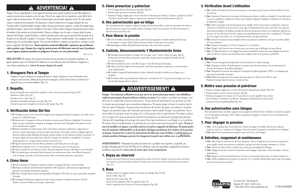 Adavertissement, Advertencia, Cómo llenar | Boyau au réservoir, Buse, Vérification avant l’utilisation 4. remplir, Para liberar la presión, Pour dégager la pression, Manguera para el tanque, Boquilla | Chapin 1480 User Manual | Page 2 / 2