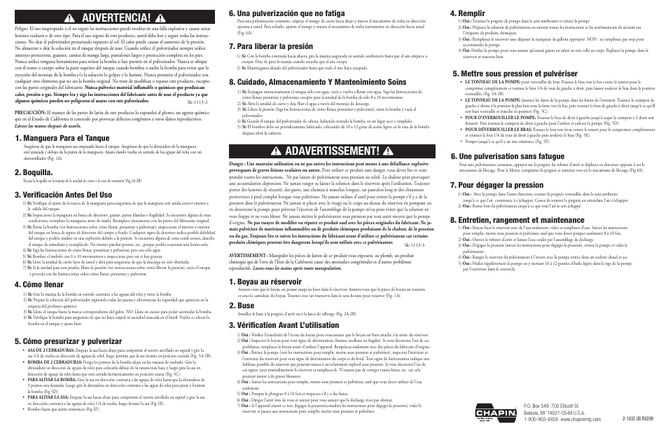 Adavertissement, Advertencia, Cómo llenar | Cuidado, almacenamiento y mantenimiento soins, Boyau au réservoir, Buse, Vérification avant l’utilisation 4. remplir, Entretien, rangement et maintenance, Para liberar la presión, Pour dégager la pression | Chapin 1831 User Manual | Page 2 / 2