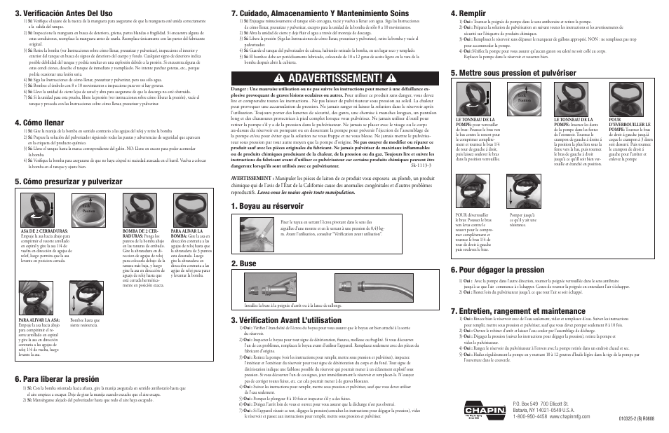 Adavertissement, Verificación antes del uso 4. cómo llenar, Boyau au réservoir | Buse, Vérification avant l’utilisation 4. remplir, Para liberar la presión, Pour dégager la pression | Chapin 1949 User Manual | Page 2 / 2