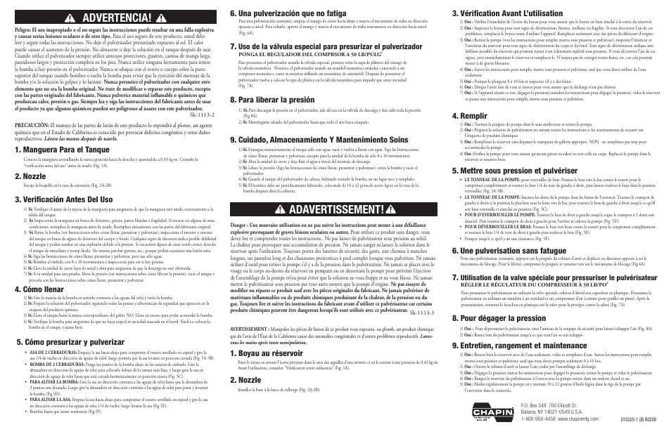 Adavertissement, Advertencia, Verificación antes del uso 4. cómo llenar | Vérification avant l’utilisation 4. remplir, Boyau au réservoir 2. nozzle, Manguera para el tanque, Nozzle, Una pulverización que no fatiga, Une pulverisation sans fatugue, Para liberar la presión | Chapin 1999 User Manual | Page 2 / 2