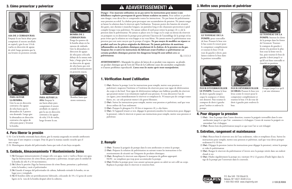 Adavertissement, Para liberar la presión, Vérification avant l’utilisation 2. remplir | Chapin 4163 User Manual | Page 2 / 2