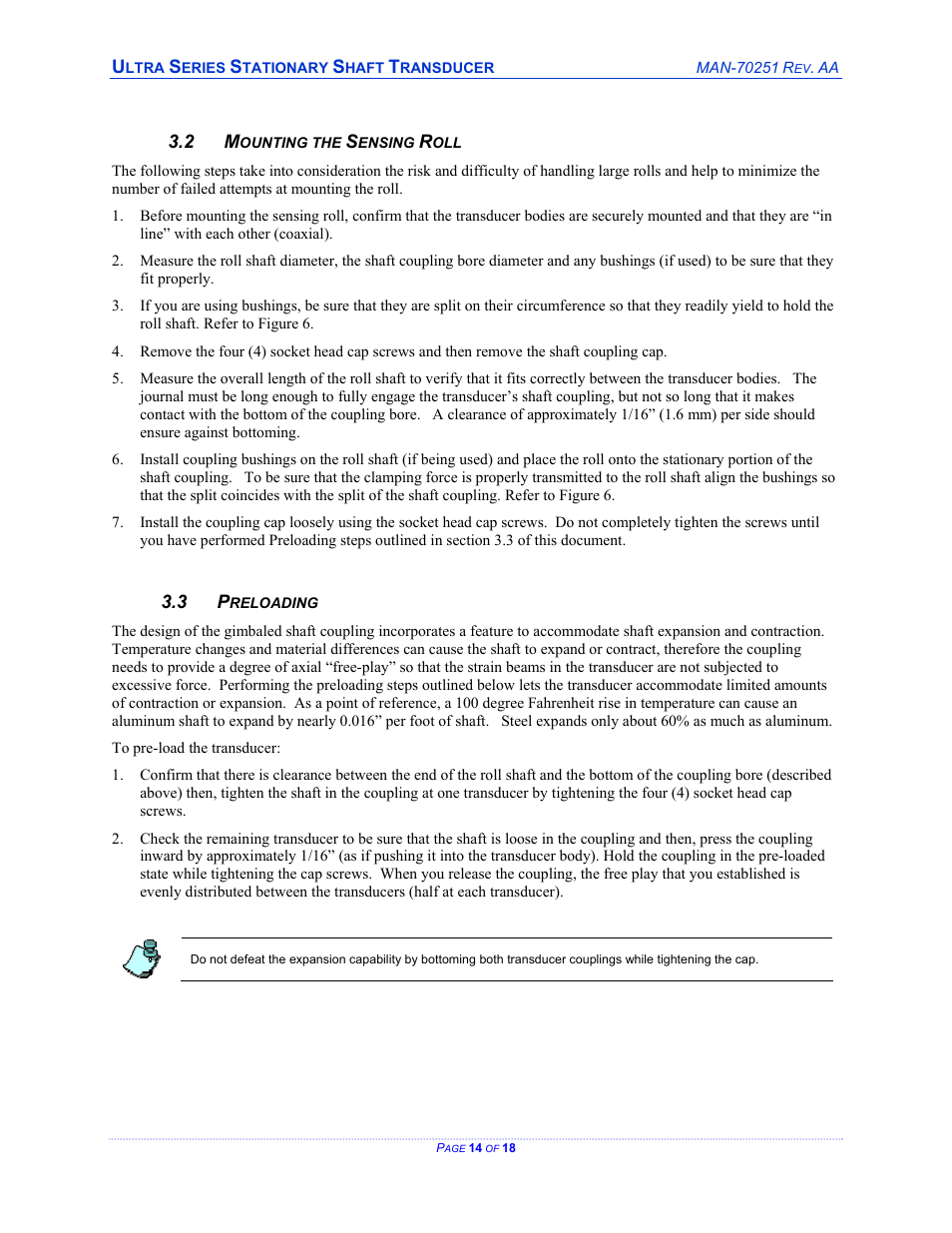 Mounting the sensing roll, Preloading, Ounting the | Ensing, Reloading | Cleveland Motion Controls ULTRA SERIES CARTRIDGE TRANSDUCER REV AA User Manual | Page 14 / 18