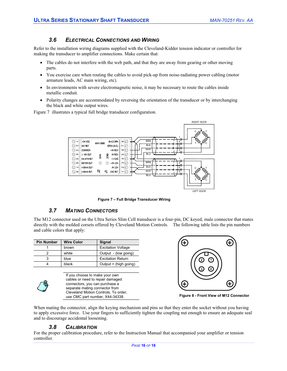 Electrical connections and wiring, Mating connectors, Calibration | Lectrical, Onnections and, Iring, Ating, Onnectors, Alibration | Cleveland Motion Controls ULTRA SERIES CARTRIDGE TRANSDUCER REV AA User Manual | Page 16 / 18