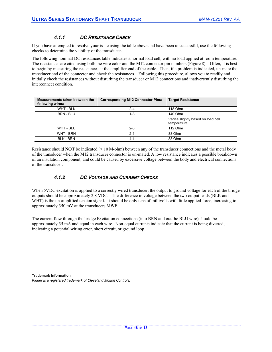 Dc resistance check, Dc voltage and current checks | Cleveland Motion Controls ULTRA SERIES CARTRIDGE TRANSDUCER REV AA User Manual | Page 18 / 18
