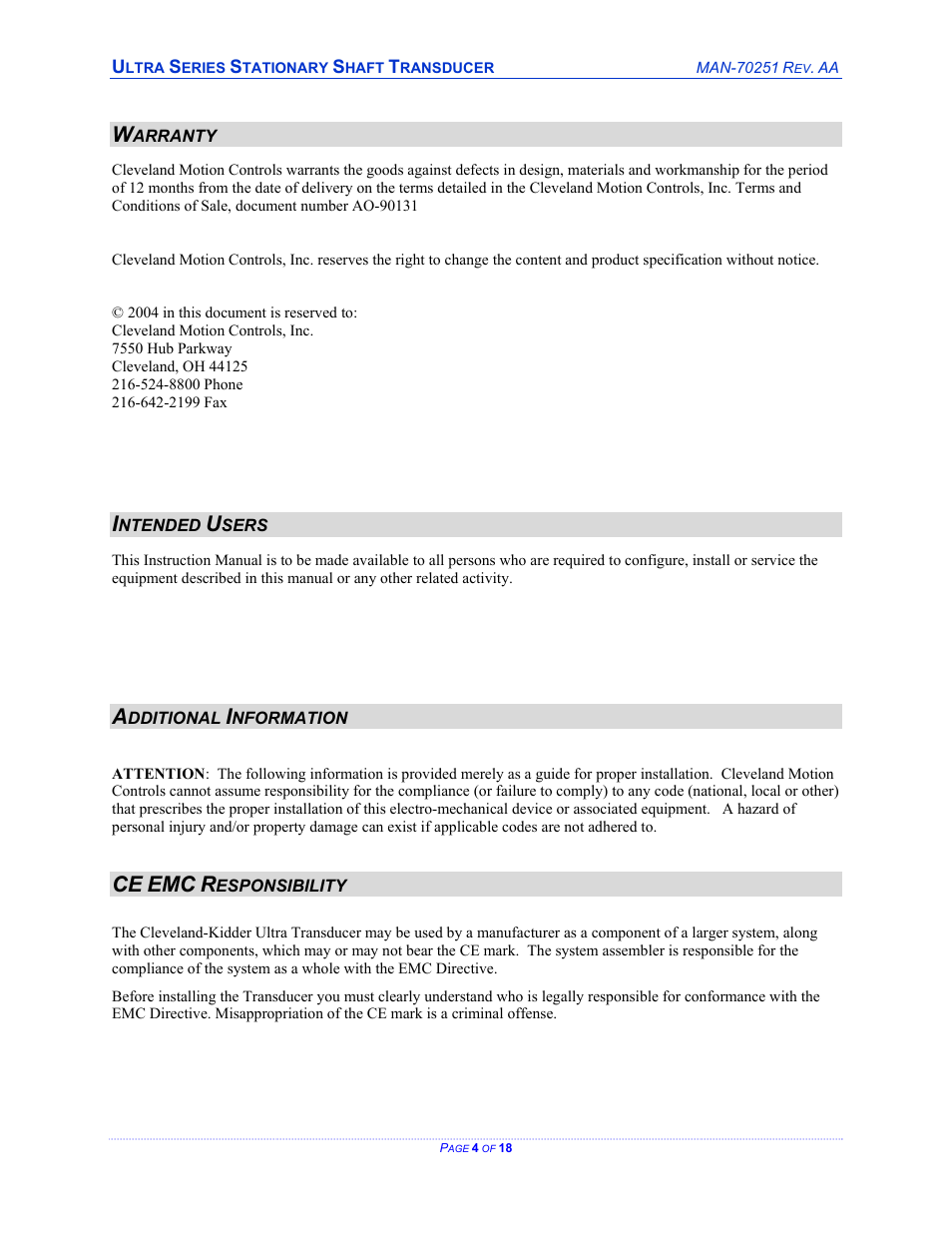 Cleveland Motion Controls ULTRA SERIES CARTRIDGE TRANSDUCER REV AA User Manual | Page 4 / 18