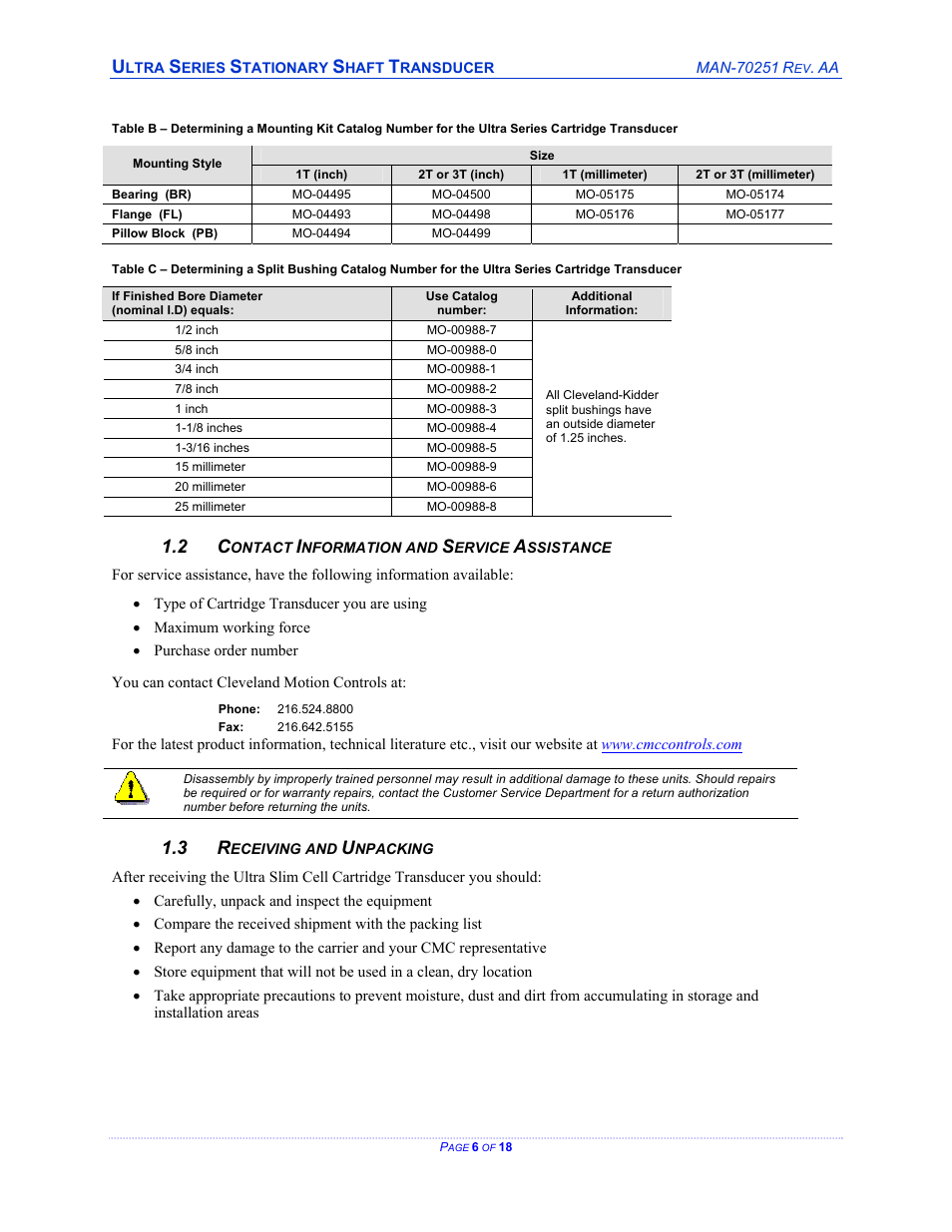 Contact information and service assistance, Receiving and unpacking, Ontact | Nformation and, Ervice, Ssistance, Eceiving and, Npacking, Table b, Table c | Cleveland Motion Controls ULTRA SERIES CARTRIDGE TRANSDUCER REV AA User Manual | Page 6 / 18