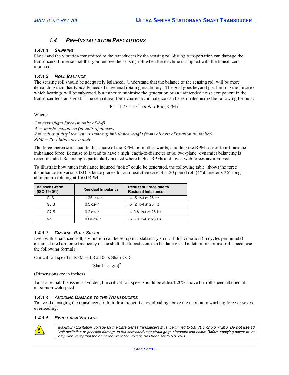 Pre-installation precautions, Shipping, Roll balance | Critical roll speed, Avoiding damage to the transducers, Excitation voltage, Nstallation, Recautions | Cleveland Motion Controls ULTRA SERIES CARTRIDGE TRANSDUCER REV AA User Manual | Page 7 / 18