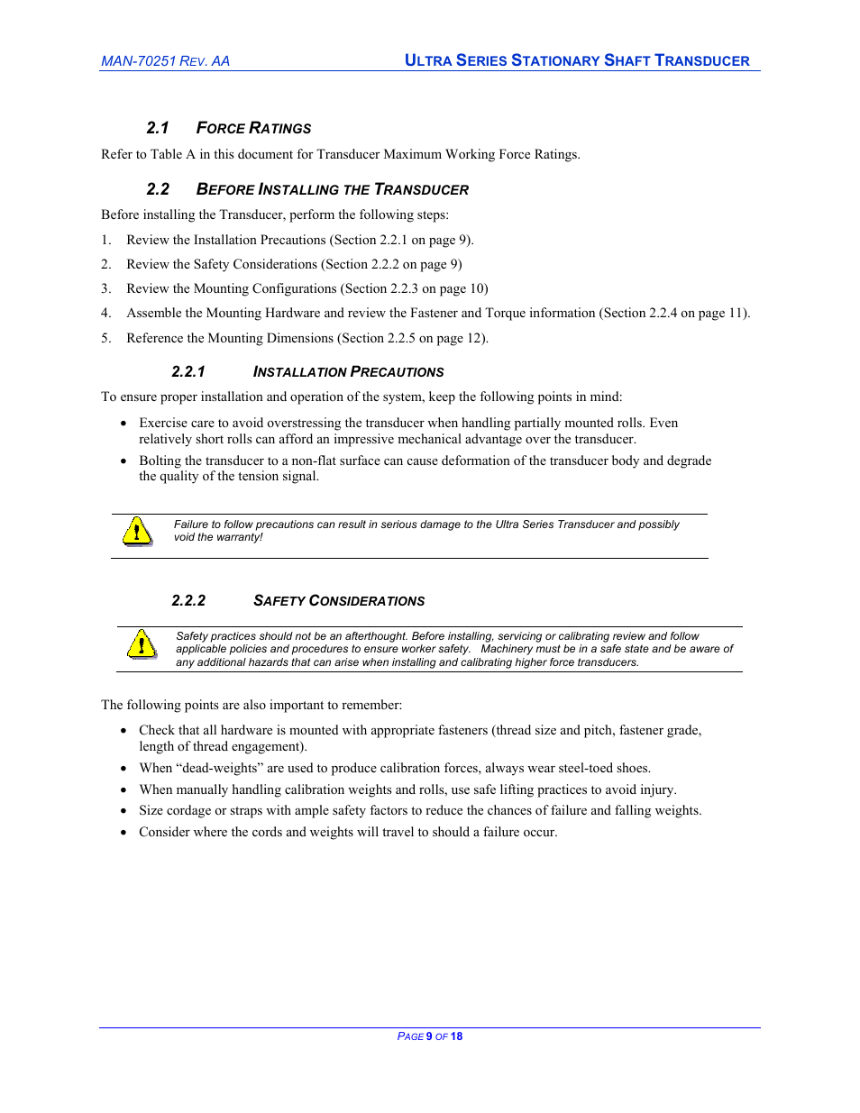Force ratings, Before installing the transducer, Installation precautions | Safety considerations, Orce, Atings, Efore, Nstalling the, Ransducer | Cleveland Motion Controls ULTRA SERIES CARTRIDGE TRANSDUCER REV AA User Manual | Page 9 / 18