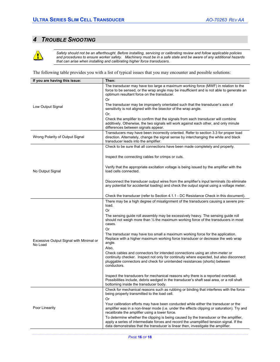 Trouble shooting, Rouble, Hooting | Cleveland Motion Controls ULTRA SERIES SLIM CELL TRANSDUCER REV AA User Manual | Page 16 / 18