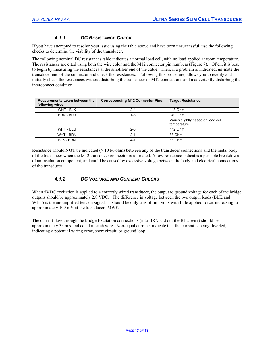 Dc resistance check, Dc voltage and current checks | Cleveland Motion Controls ULTRA SERIES SLIM CELL TRANSDUCER REV AA User Manual | Page 17 / 18