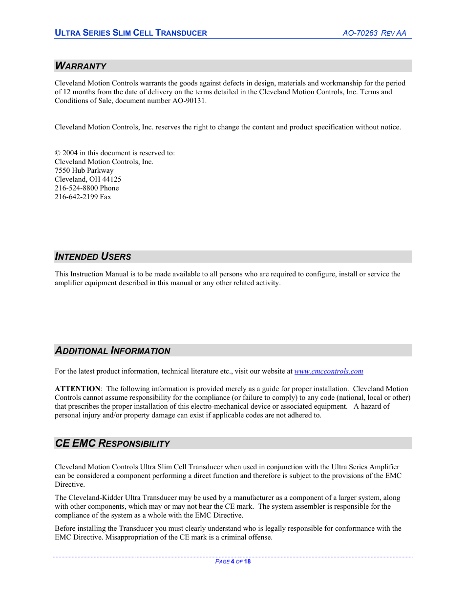 Cleveland Motion Controls ULTRA SERIES SLIM CELL TRANSDUCER REV AA User Manual | Page 4 / 18