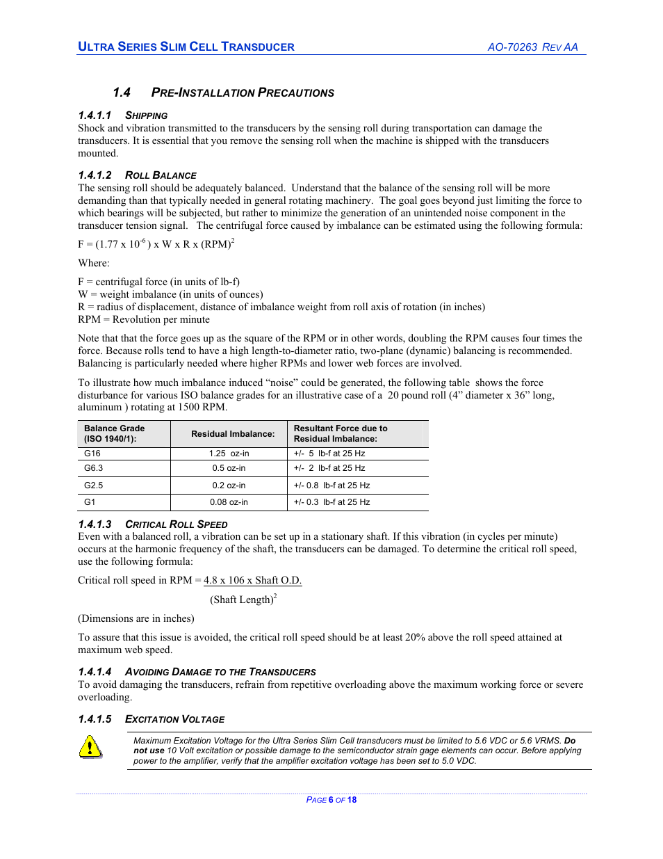 Pre-installation precautions, Shipping, Roll balance | Critical roll speed, Avoiding damage to the transducers, Excitation voltage, Nstallation, Recautions | Cleveland Motion Controls ULTRA SERIES SLIM CELL TRANSDUCER REV AA User Manual | Page 6 / 18