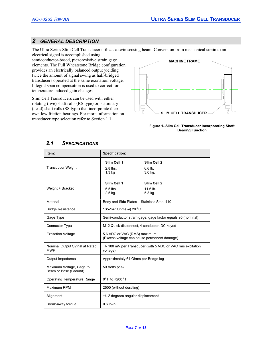 General description, Specifications, Pecifications | Cleveland Motion Controls ULTRA SERIES SLIM CELL TRANSDUCER REV AA User Manual | Page 7 / 18