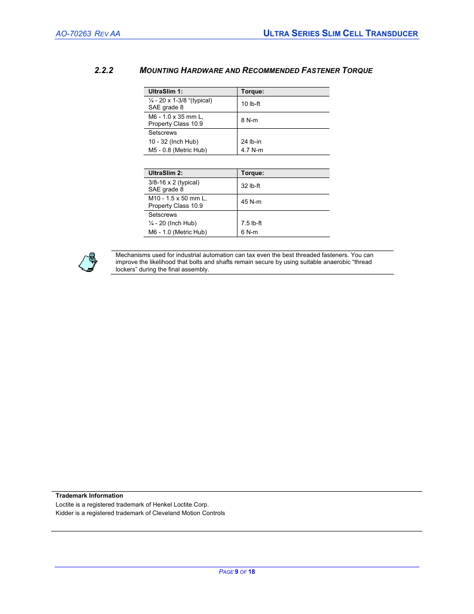 Mounting hardware and recommended fastener torque, N 2.2.2) | Cleveland Motion Controls ULTRA SERIES SLIM CELL TRANSDUCER REV AA User Manual | Page 9 / 18