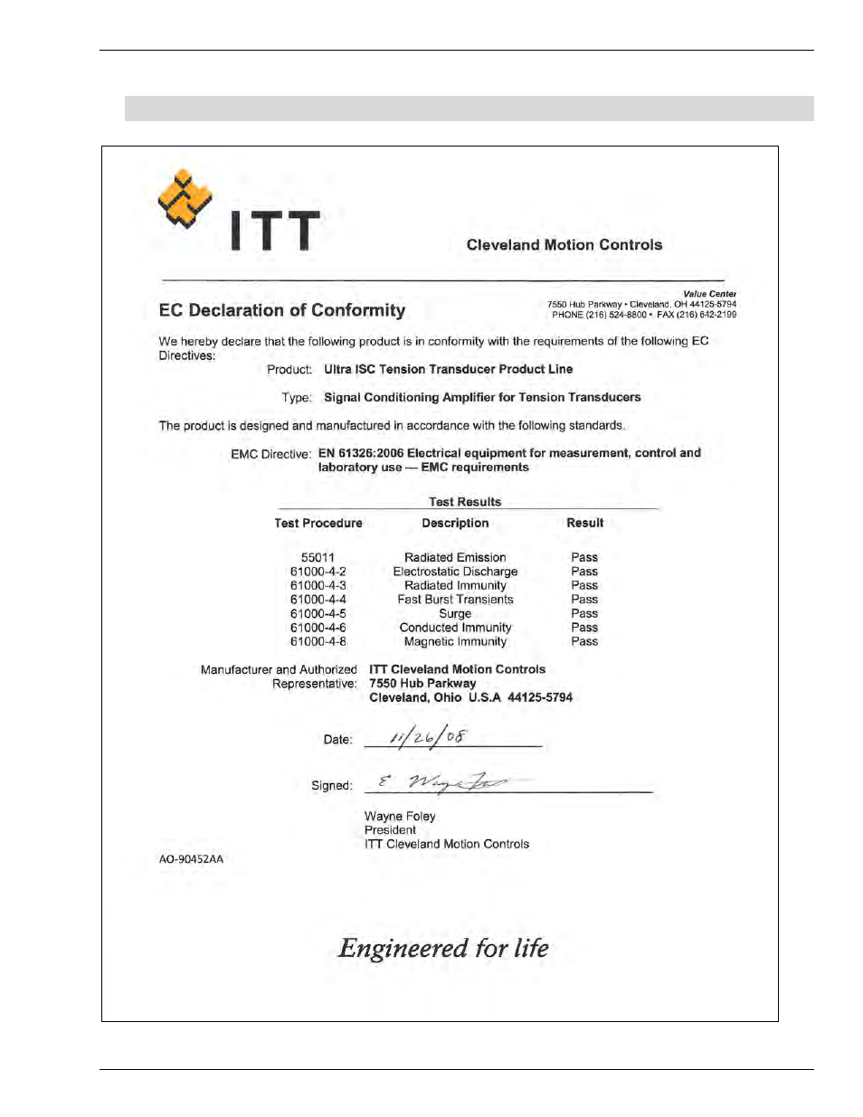 6 manufacturers declaration of conformity, Anufacturers, Eclaration of | Onformity | Cleveland Motion Controls ULTRA ISC CARTRIDGE TRANSDUCER REV AA User Manual | Page 40 / 40