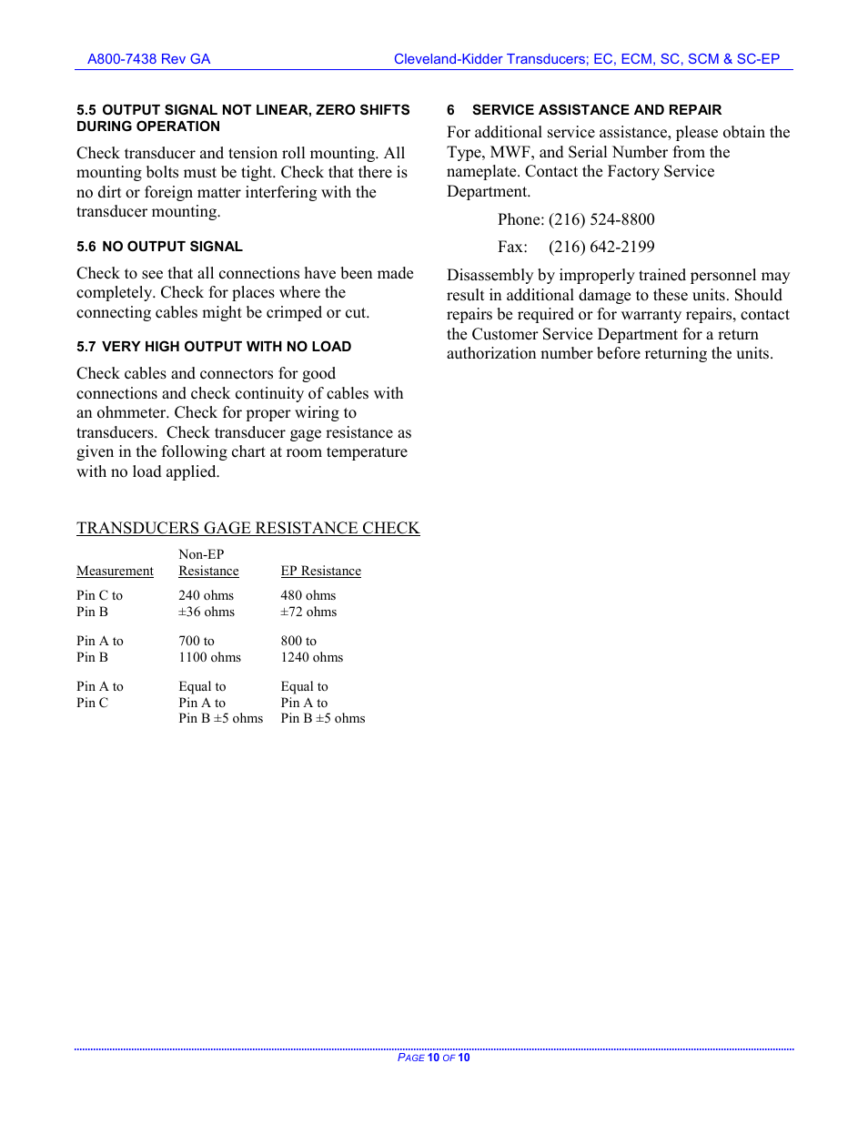 No output signal, Very high output with no load, Service assistance and repair | Cleveland Motion Controls Classic Tension Transducers SC-EP REV GA User Manual | Page 10 / 10