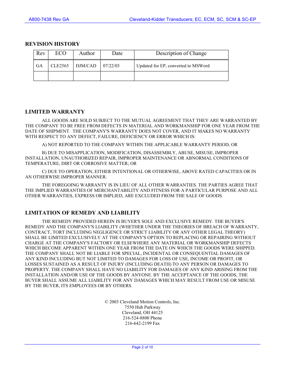 Cleveland Motion Controls Classic Tension Transducers SC-EP REV GA User Manual | Page 2 / 10