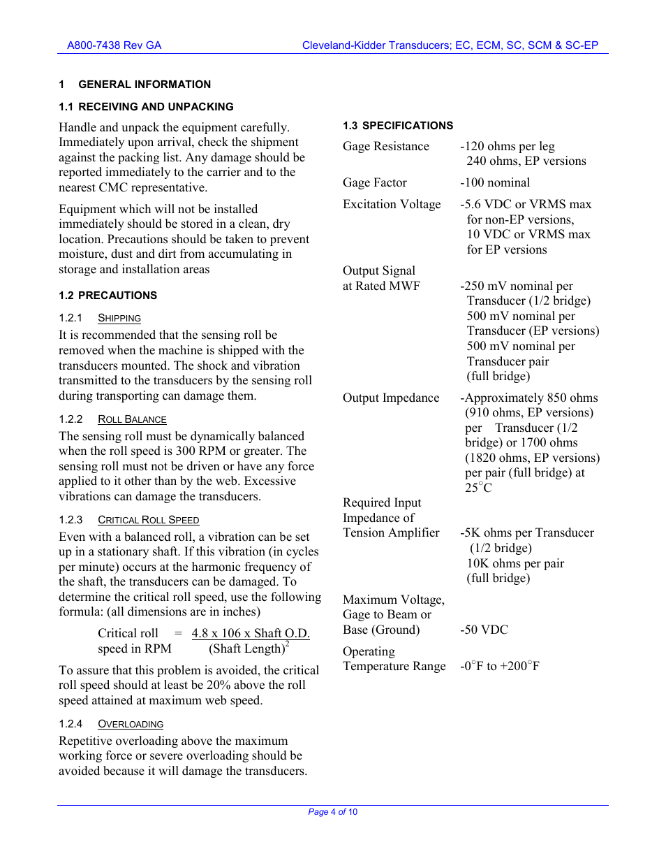 General information, Receiving and unpacking, Precautions | Shipping, Roll balance, Critical roll speed, Overloading, Specifications, 2 precautions, 3 specifications | Cleveland Motion Controls Classic Tension Transducers SC-EP REV GA User Manual | Page 4 / 10