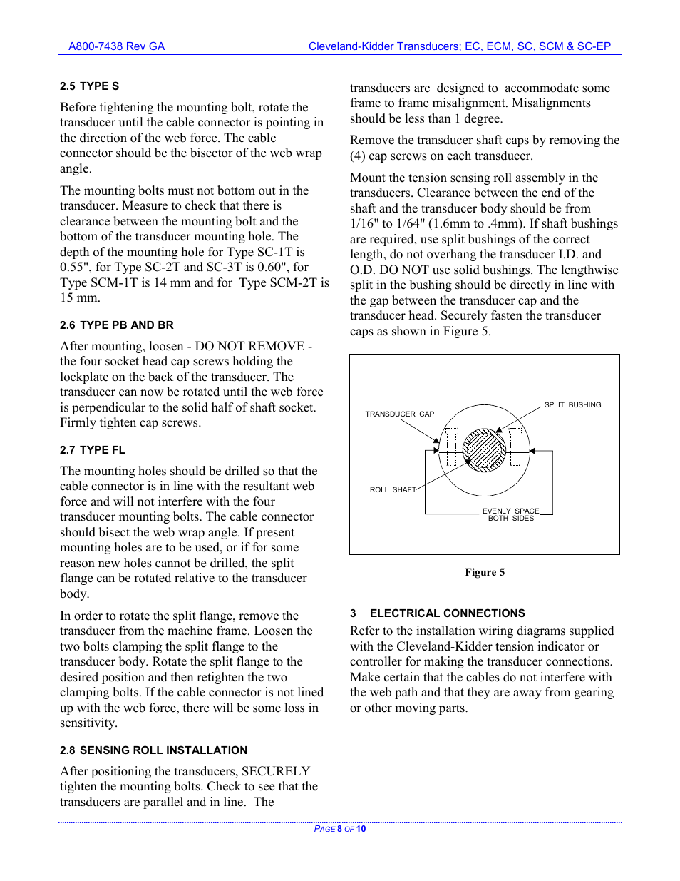 Type s, Type pb and br, Type fl | Sensing roll installation, Electrical connections, 5 type, 7 type, 8 sensing, Roll, Installation | Cleveland Motion Controls Classic Tension Transducers SC-EP REV GA User Manual | Page 8 / 10