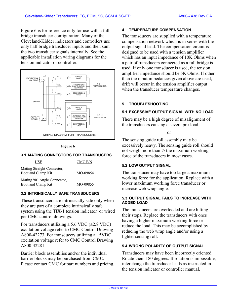 Mating connectors for transducers, Intrinsically safe transducers, Temperature compensation | Troubleshooting, Excessive output signal with no load, Low output signal, Output signal fails to increase with added load, Wrong polarity of output signal, 2 intrinsically safe transducers, 4 temperature compensation | Cleveland Motion Controls Classic Tension Transducers SC-EP REV GA User Manual | Page 9 / 10