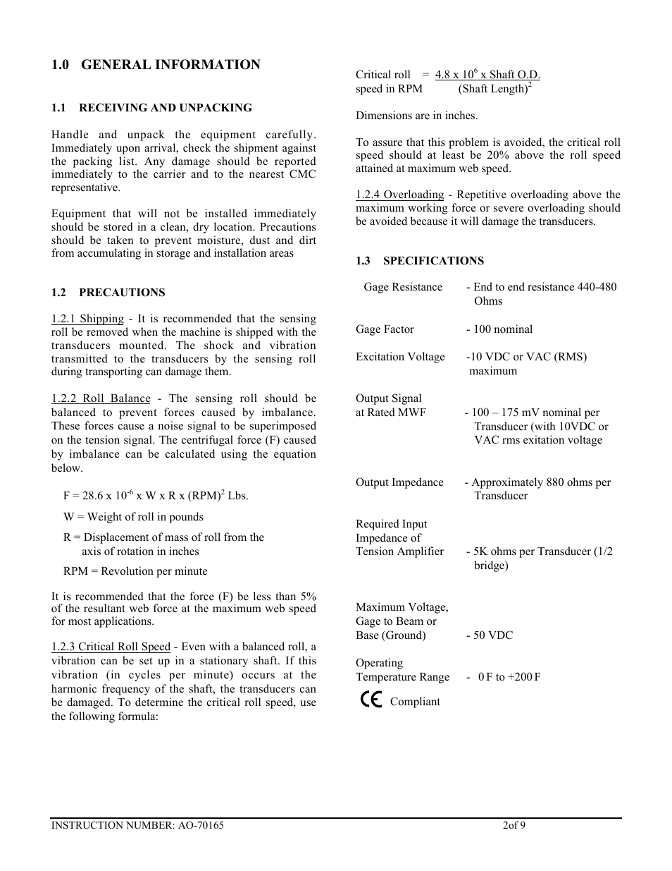 0 general information | Cleveland Motion Controls Classic Slim Cell Transducer REV AA User Manual | Page 2 / 9