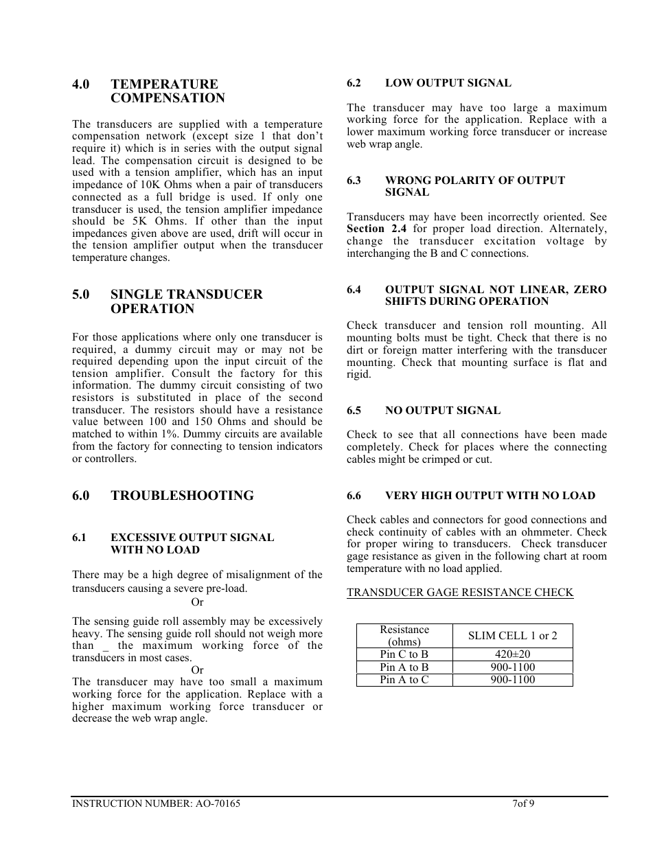 0 temperature compensation, 0 single transducer operation, 0 troubleshooting | Cleveland Motion Controls Classic Slim Cell Transducer REV AA User Manual | Page 7 / 9