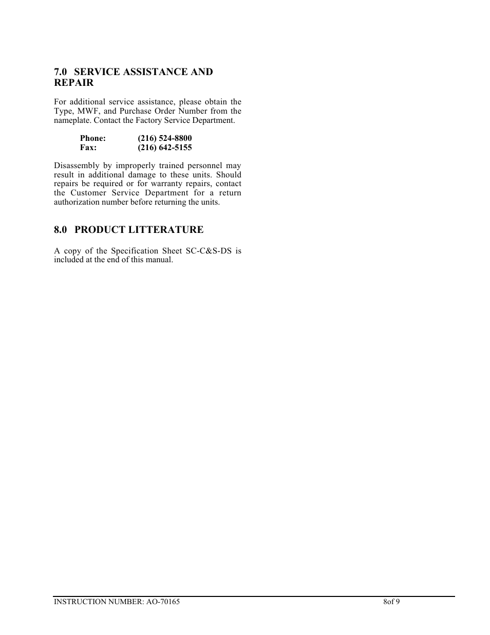 0 service assistance and repair, 0 product litterature | Cleveland Motion Controls Classic Slim Cell Transducer REV AA User Manual | Page 8 / 9