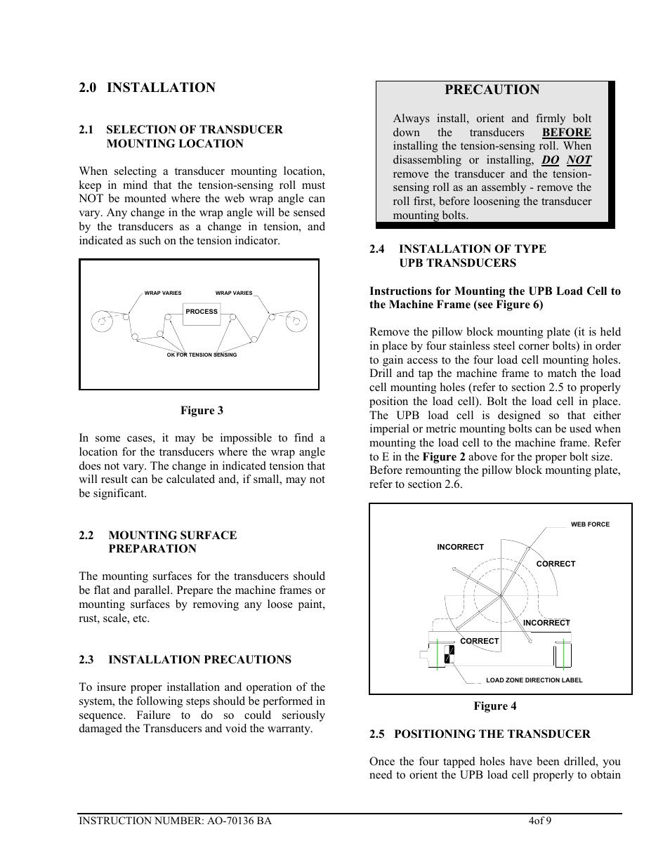 0 installation, Precaution | Cleveland Motion Controls Classic UPB Transducer Load Cell REV BA User Manual | Page 4 / 9