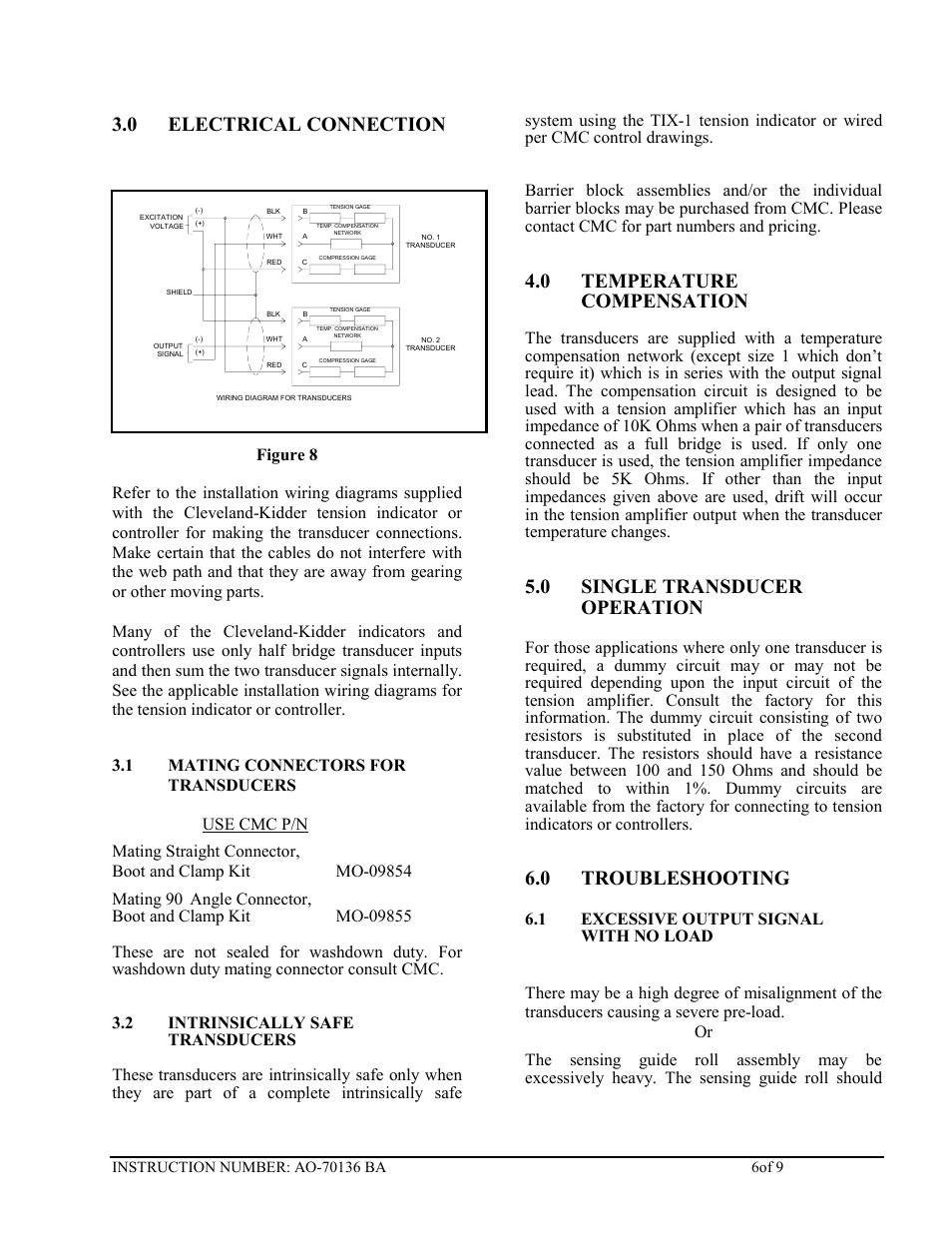 0 electrical connection, 0 temperature compensation, 0 single transducer operation | 0 troubleshooting | Cleveland Motion Controls Classic UPB Transducer Load Cell REV BA User Manual | Page 6 / 9