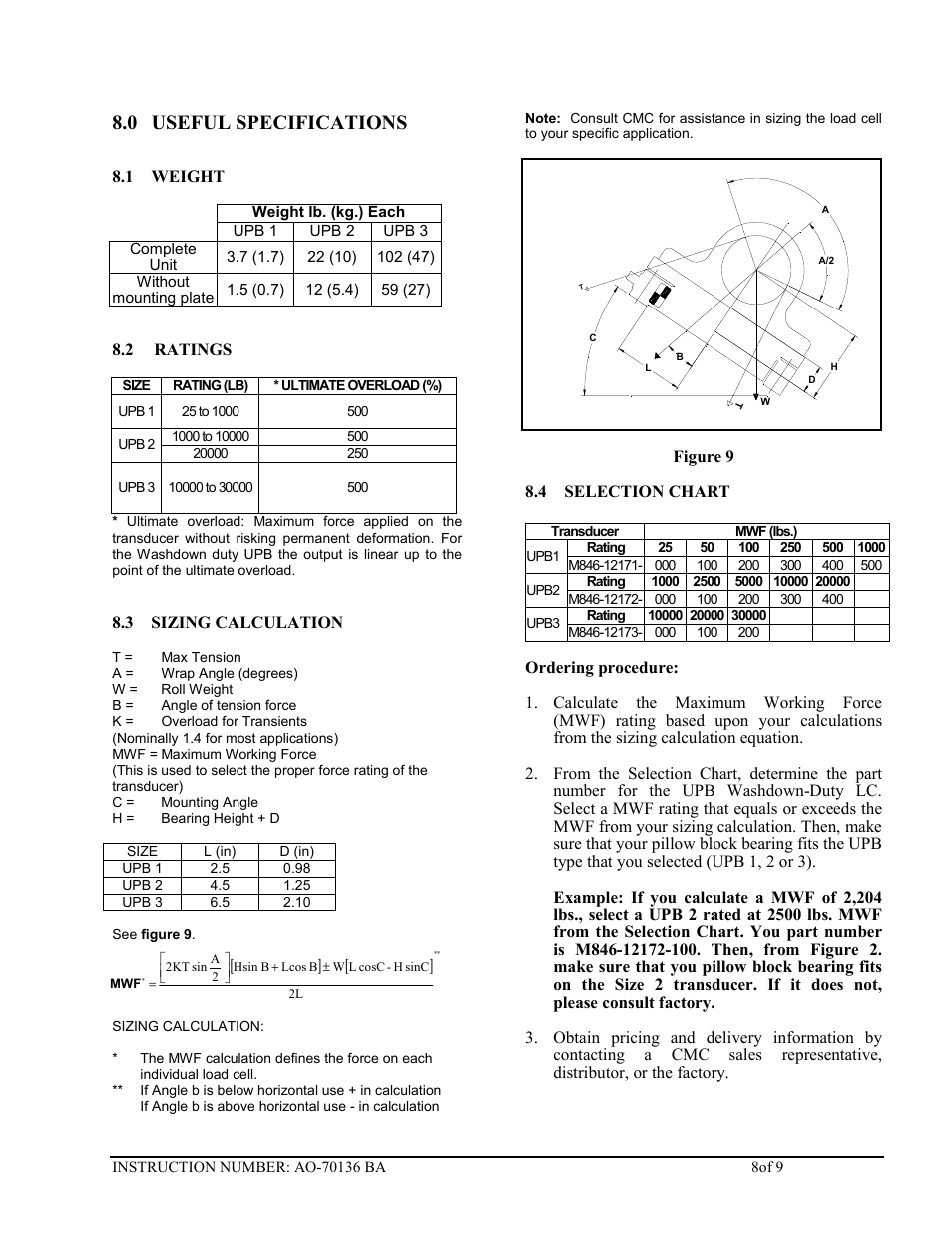 0 useful specifications | Cleveland Motion Controls Classic UPB Transducer Load Cell REV BA User Manual | Page 8 / 9