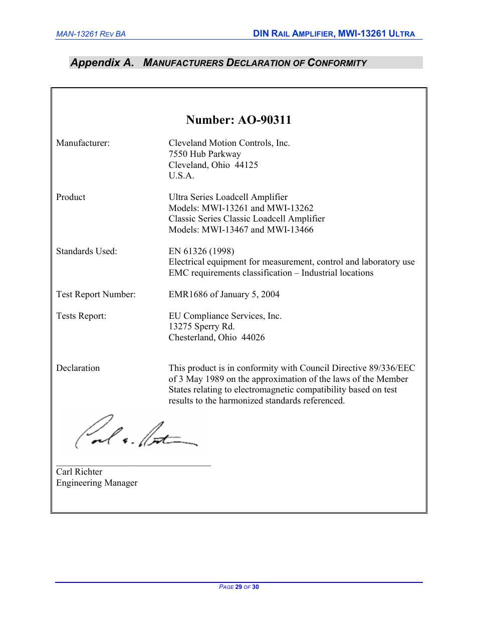 Appendix a | Cleveland Motion Controls DIN Rail Amplifier MWI-13261 Ultra Series Isolated REV BA User Manual | Page 29 / 30