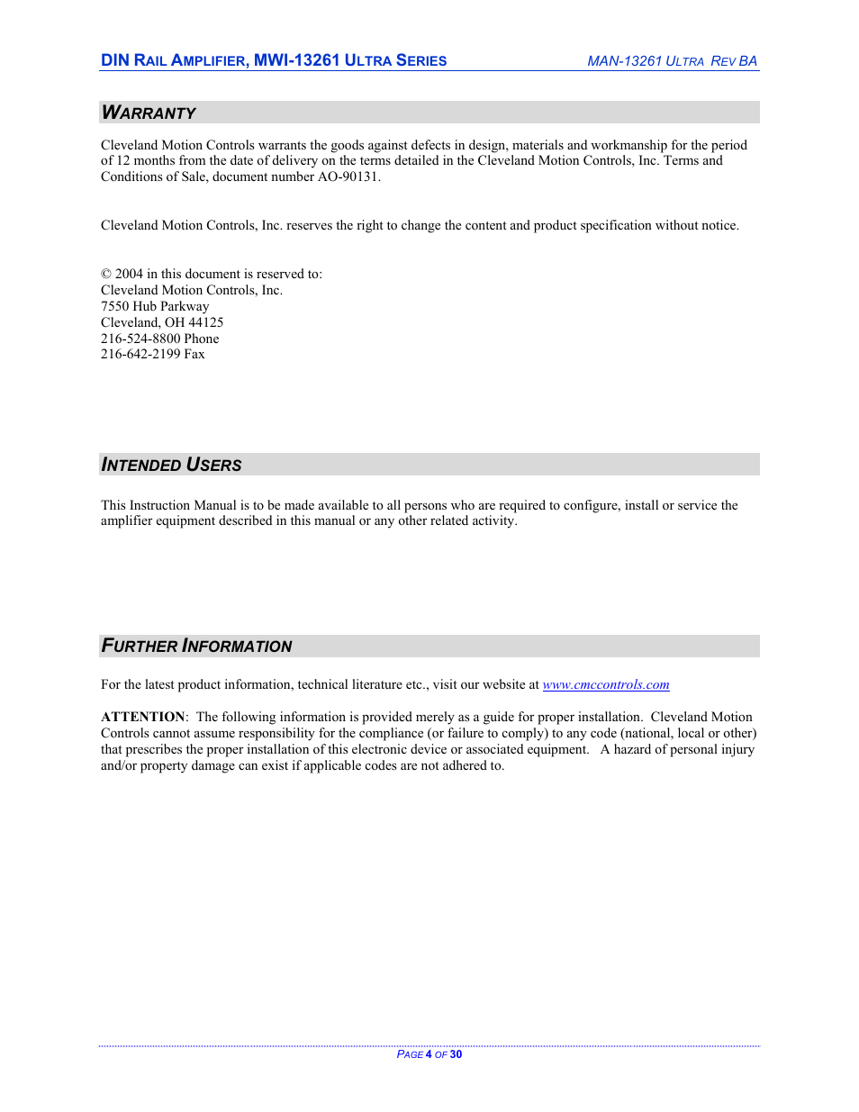 Cleveland Motion Controls DIN Rail Amplifier MWI-13261 Ultra Series Isolated REV BA User Manual | Page 4 / 30