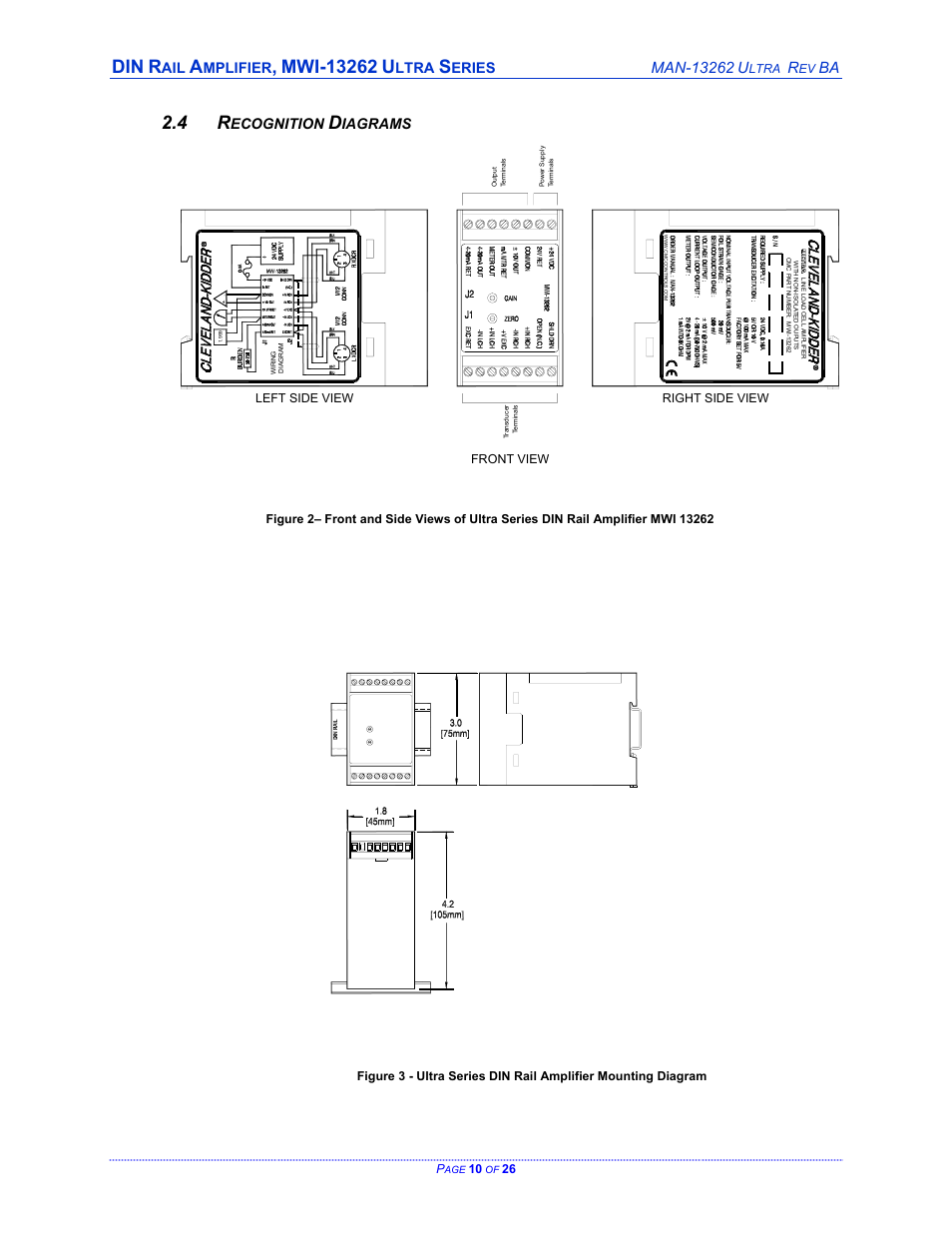 Mplifier, Ltra, Eries | Ecognition, Iagrams, Right side view left side view front view | Cleveland Motion Controls DIN Rail Amplifier MWI-13262 Ultra Series Non-Isolated REV BA User Manual | Page 10 / 26