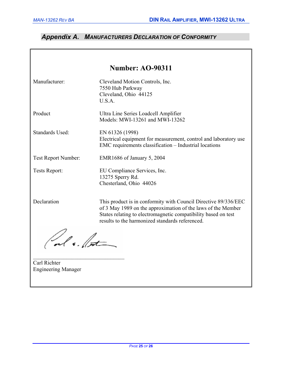 Appendix a | Cleveland Motion Controls DIN Rail Amplifier MWI-13262 Ultra Series Non-Isolated REV BA User Manual | Page 25 / 26