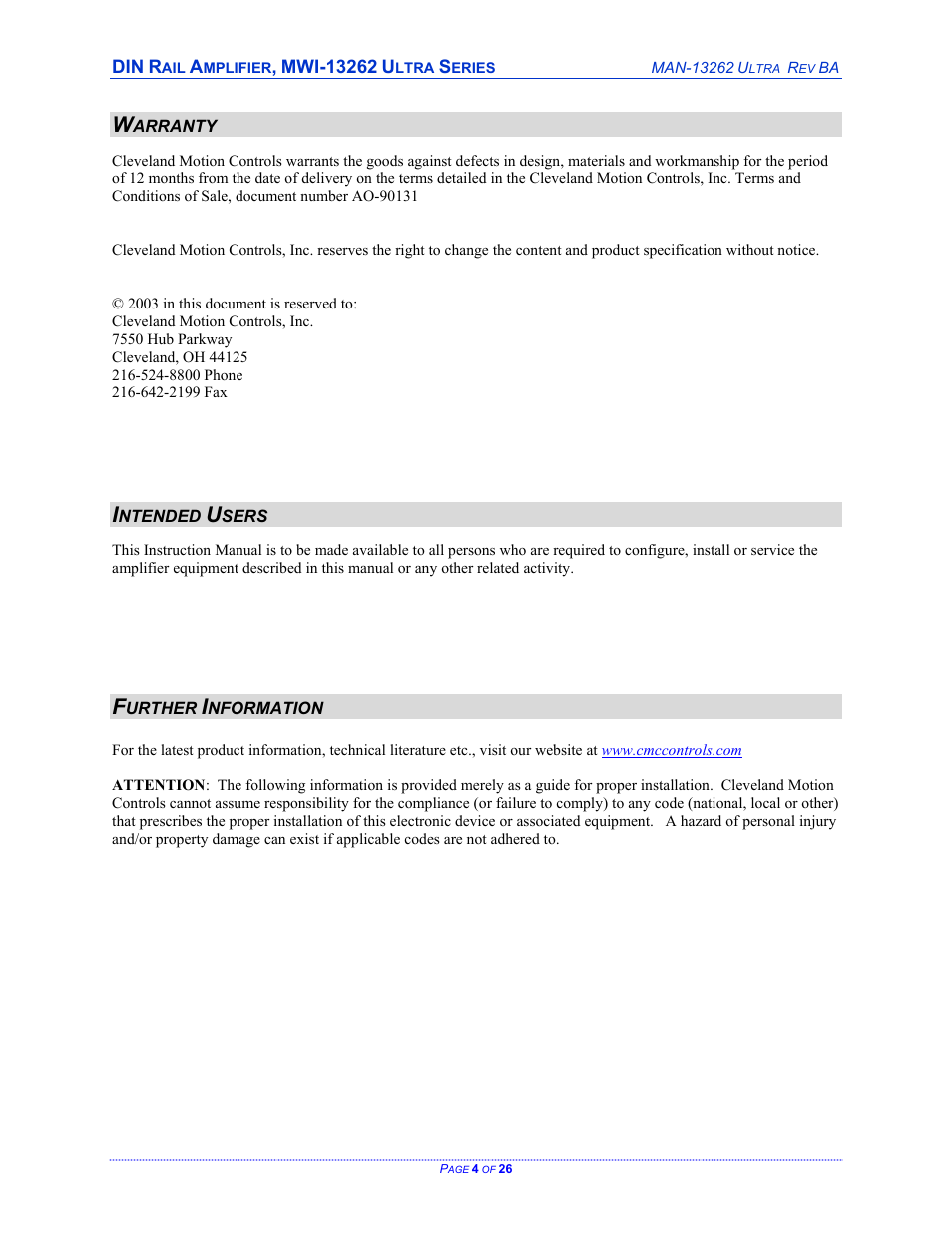 Cleveland Motion Controls DIN Rail Amplifier MWI-13262 Ultra Series Non-Isolated REV BA User Manual | Page 4 / 26