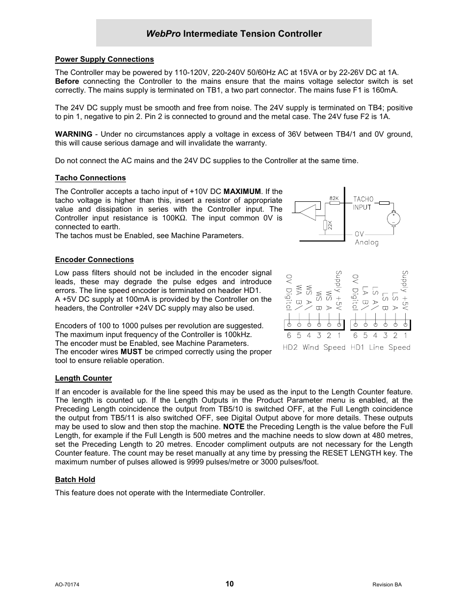 Power supply connections, Tacho connections, Encoder connections | Length counter, Batch hold, Webpro intermediate tension controller | Cleveland Motion Controls WebPro Intermediate Tension Controller MWP-12663 REV BA User Manual | Page 10 / 20