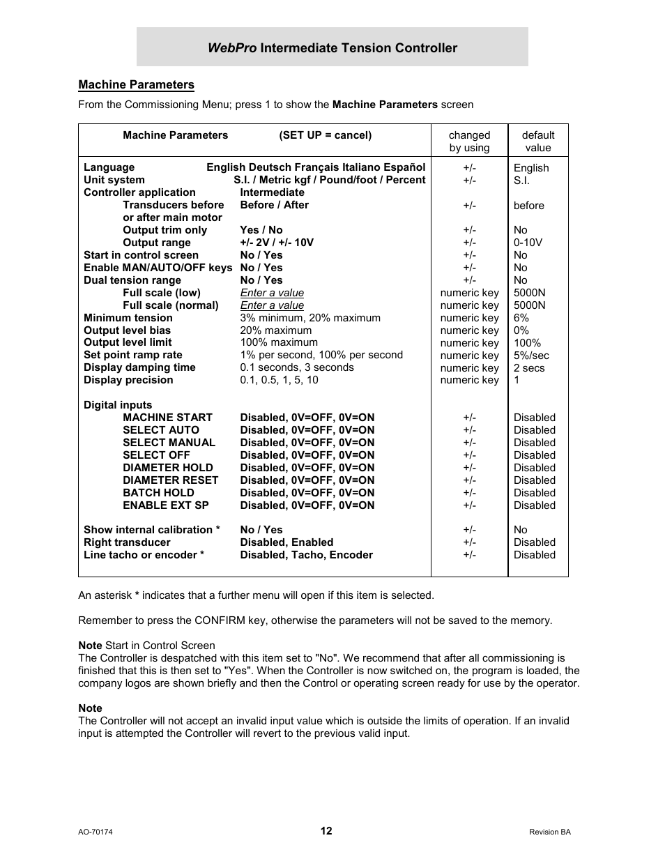 Machine parameters | Cleveland Motion Controls WebPro Intermediate Tension Controller MWP-12663 REV BA User Manual | Page 12 / 20
