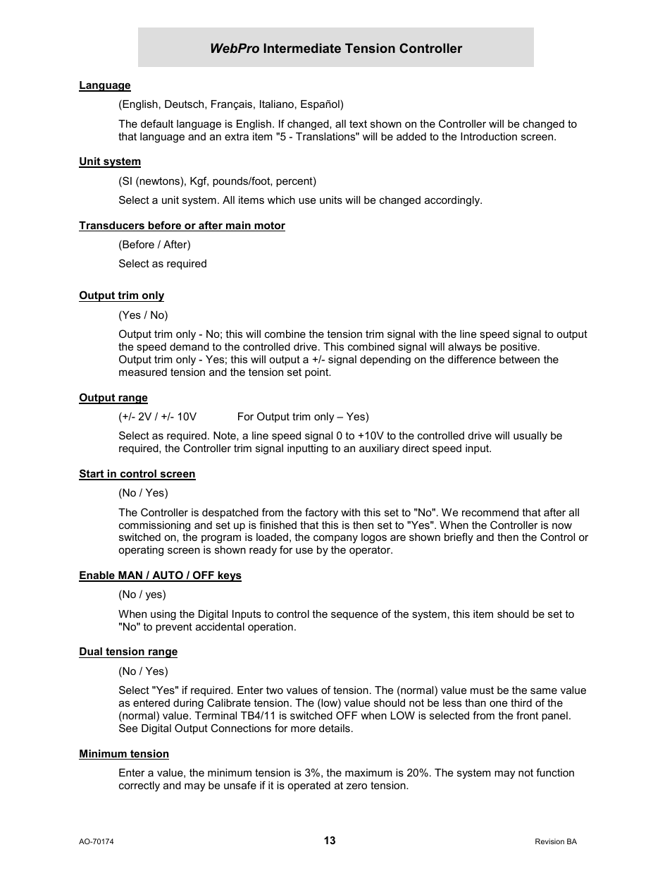 Language, Unit system, Transducers before or after main motor | Output trim only, Output range, Start in control screen, Enable man / auto / off keys, Dual tension range, Minimum tension | Cleveland Motion Controls WebPro Intermediate Tension Controller MWP-12663 REV BA User Manual | Page 13 / 20