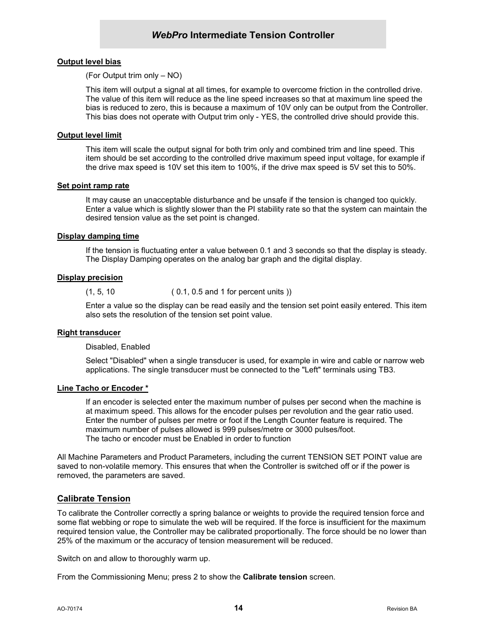 Output level bias, Output level limit, Set point ramp rate | Display damping time, Display precision, Right transducer, Line tacho or encoder, Calibrate tension | Cleveland Motion Controls WebPro Intermediate Tension Controller MWP-12663 REV BA User Manual | Page 14 / 20