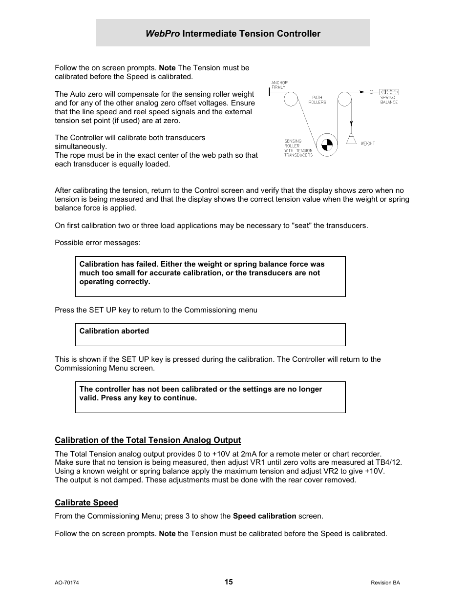 Calibration of the total tension analog output, Calibrate speed, Webpro intermediate tension controller | Cleveland Motion Controls WebPro Intermediate Tension Controller MWP-12663 REV BA User Manual | Page 15 / 20