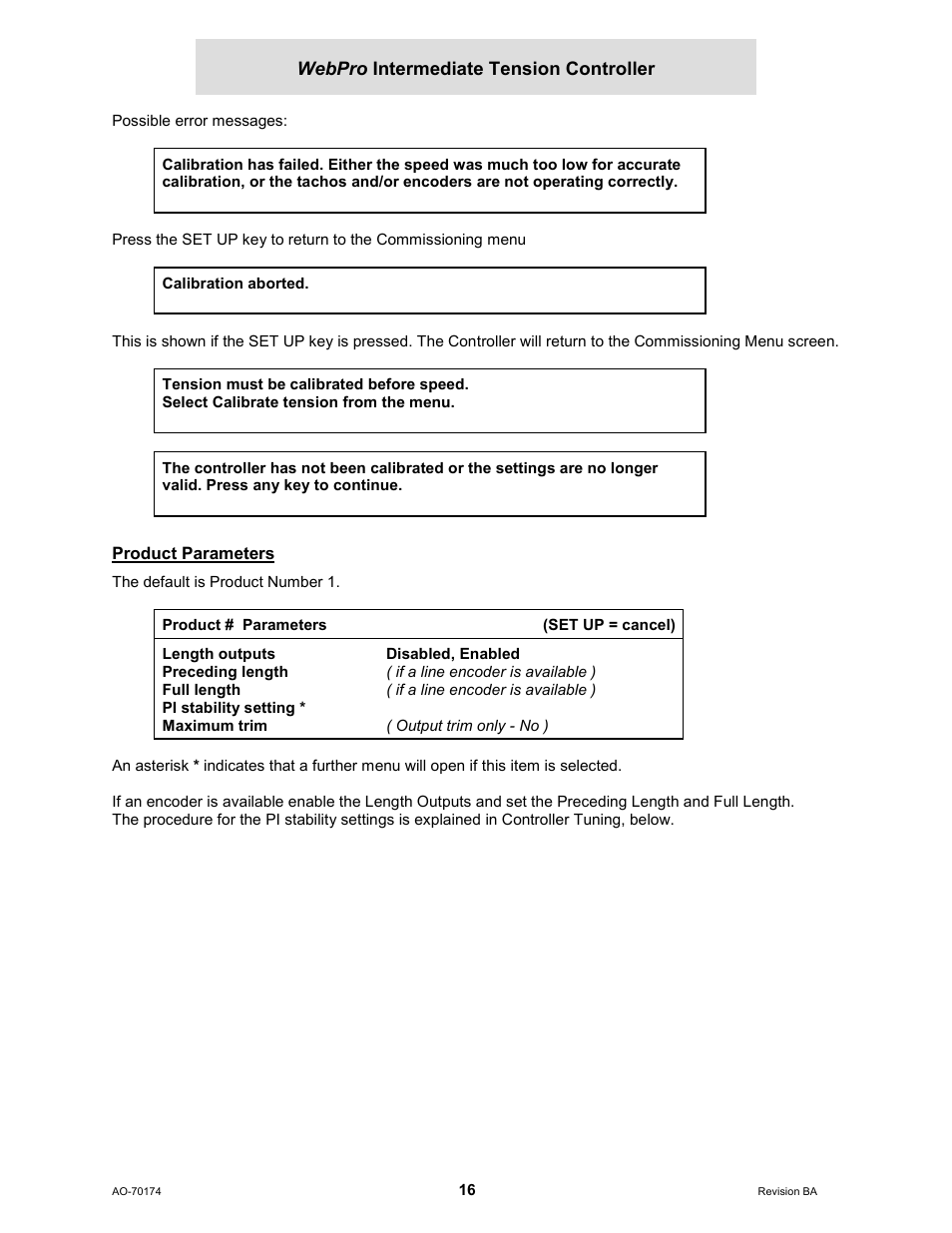 Product parameters | Cleveland Motion Controls WebPro Intermediate Tension Controller MWP-12663 REV BA User Manual | Page 16 / 20