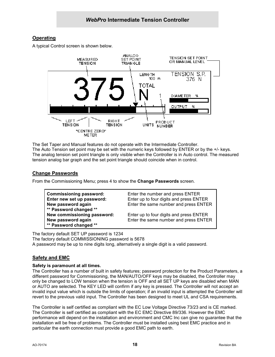 Operating, Change passwords, Safety and emc | Webpro intermediate tension controller | Cleveland Motion Controls WebPro Intermediate Tension Controller MWP-12663 REV BA User Manual | Page 18 / 20