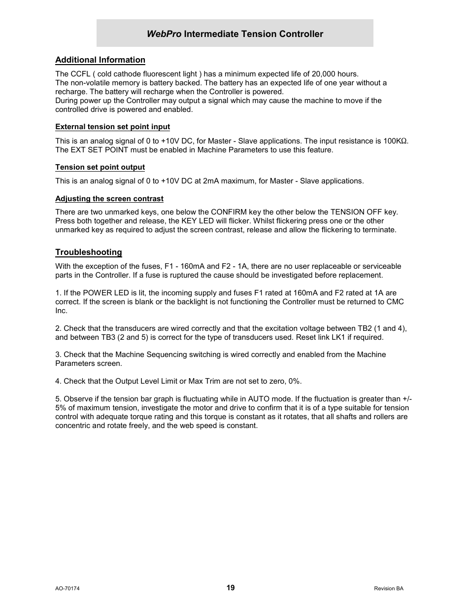 Additional information, External tension set point input, Tension set point output | Adjusting the screen contrast, Troubleshooting | Cleveland Motion Controls WebPro Intermediate Tension Controller MWP-12663 REV BA User Manual | Page 19 / 20