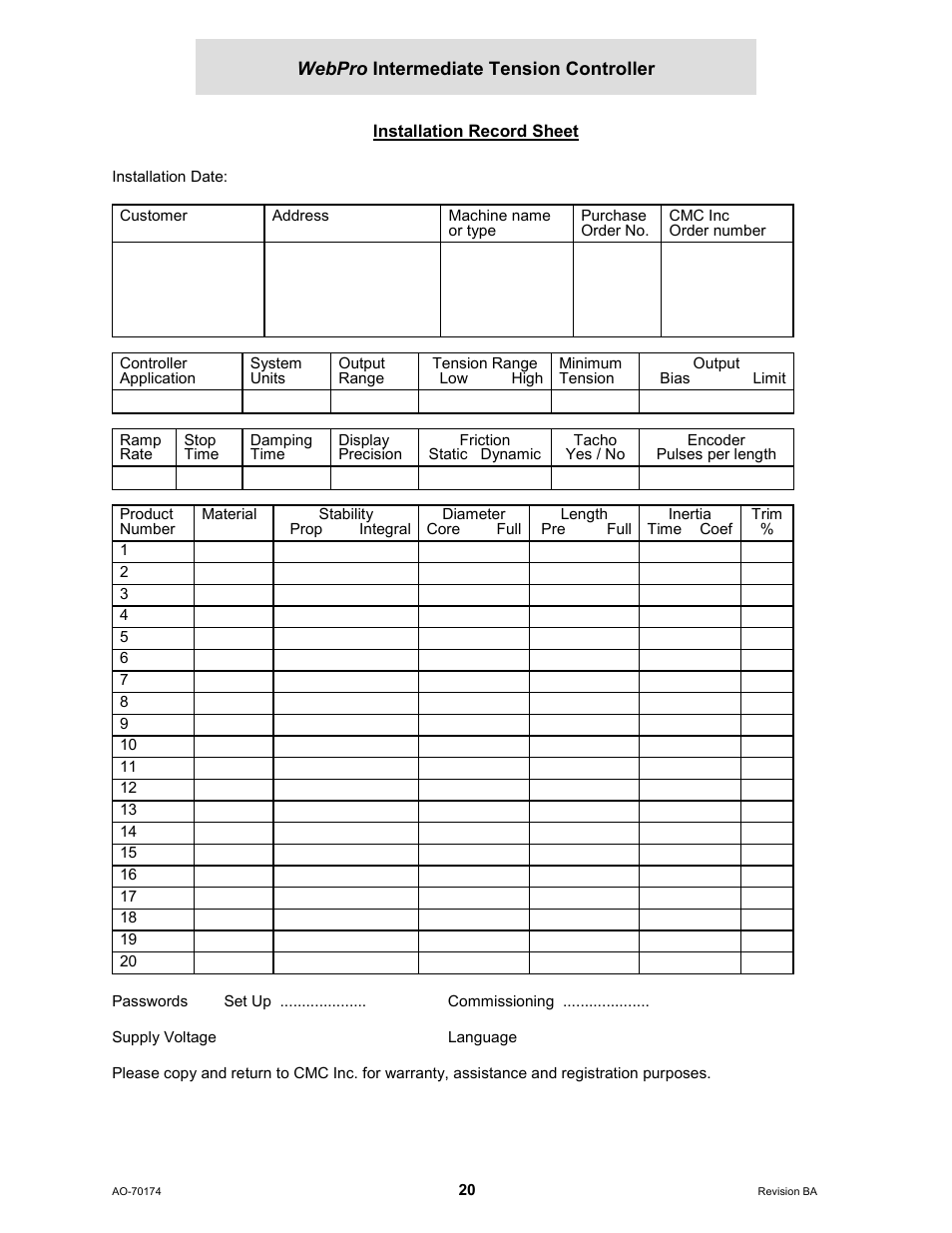 Installation record sheet | Cleveland Motion Controls WebPro Intermediate Tension Controller MWP-12663 REV BA User Manual | Page 20 / 20