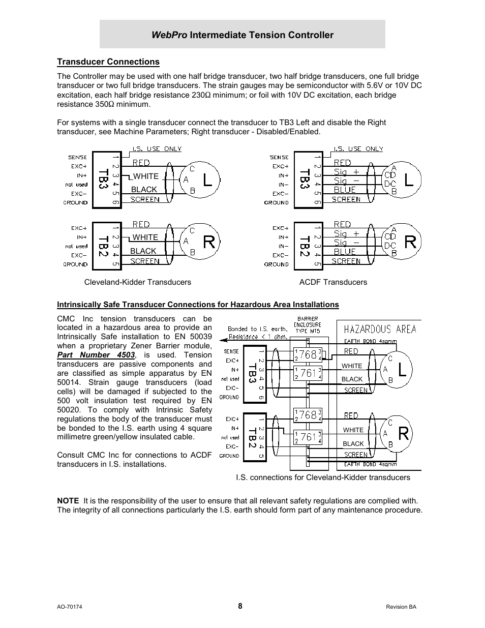 Transducer connections, Webpro intermediate tension controller | Cleveland Motion Controls WebPro Intermediate Tension Controller MWP-12663 REV BA User Manual | Page 8 / 20