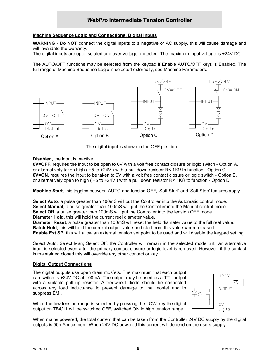 Digital output connections, Webpro intermediate tension controller | Cleveland Motion Controls WebPro Intermediate Tension Controller MWP-12663 REV BA User Manual | Page 9 / 20