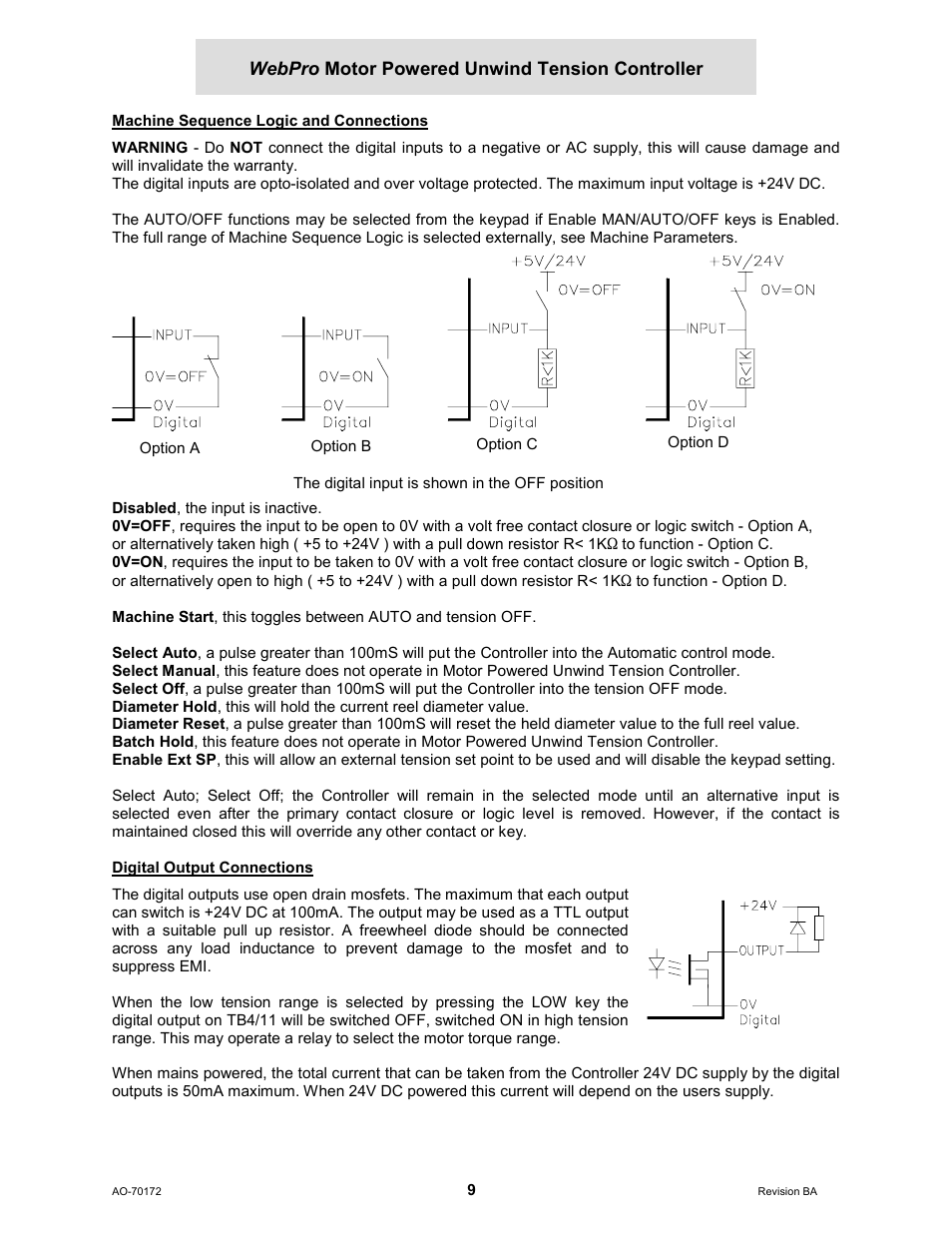 Machine sequence logic and connections, Digital output connections, Webpro motor powered unwind tension controller | Cleveland Motion Controls WebPro Motor Powered Unwind Tension Controller MWP – 12662 - 1 REV BA User Manual | Page 10 / 23